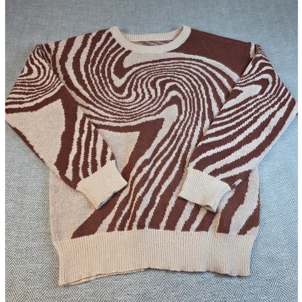 Brown Cream Psychedelic Swirl Knit Sweater Crew Neck Abstract Zebra Pattern M